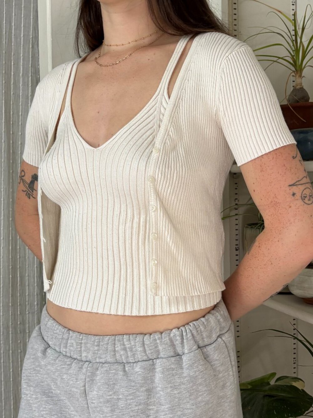 White Knit Matching Tank Top & Cardigan Set